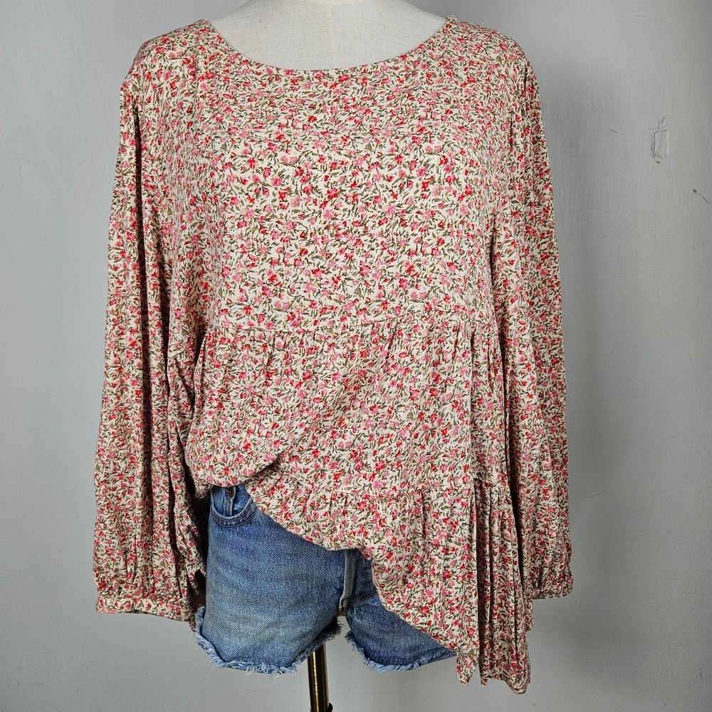 American Eagle Babydoll‎ Tiered Open Back Blouse L Ivory Pink Floral Long Sleeve